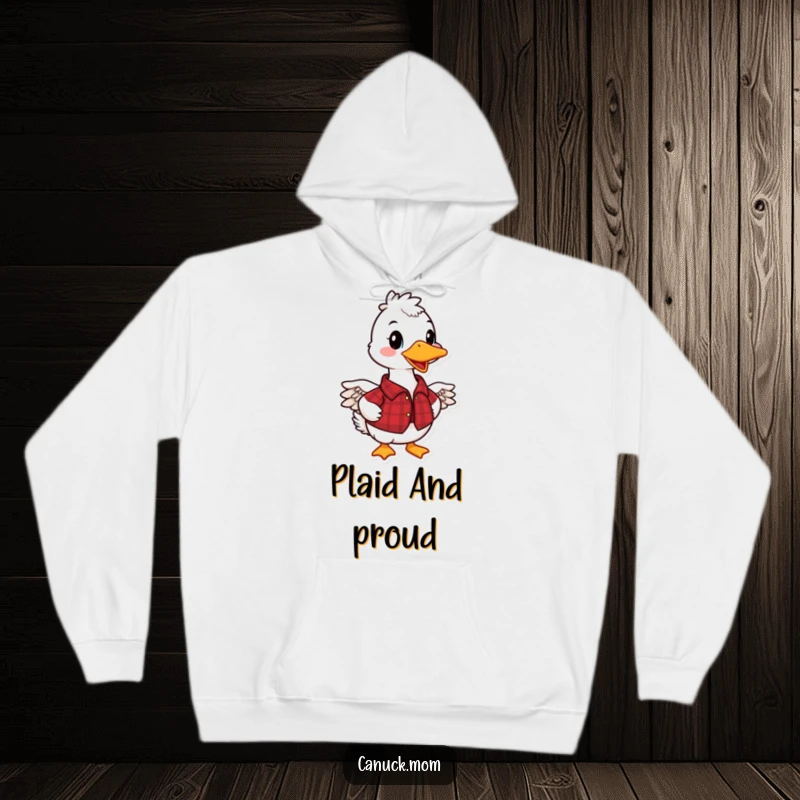 Funny Canadian Goose Hoodie with a smiling goose in a red plaid shirt, ideal for chilly days and a funny gift.