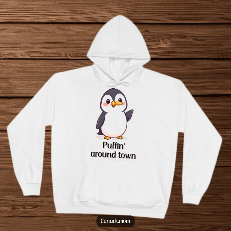 Funny puffin hoodie depicting a polite bird wearing a small feather and giving a friendly nod, offering cozy comfort and avian charm.