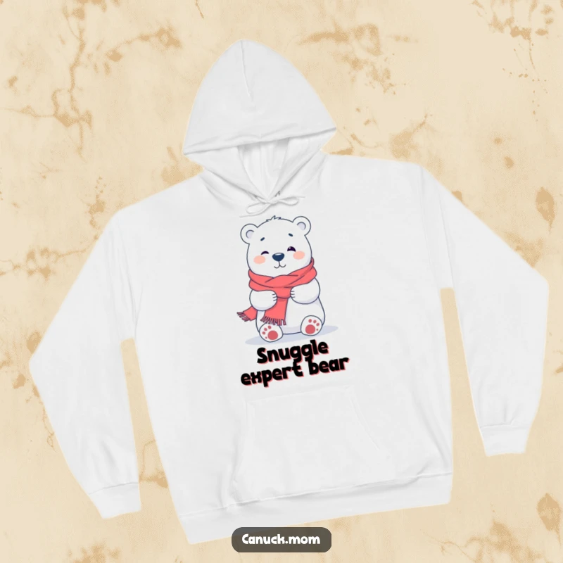 Funny Polar Bear Hug Hoodie, a soft, hooded sweatshirt with a cartoon polar bear in a scarf, ready to give a comforting hug.