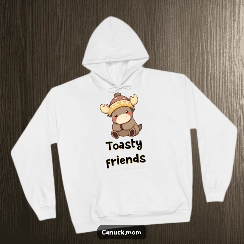 Funny hoodie showing an animal character wearing a toque, hugging a friendly moose.