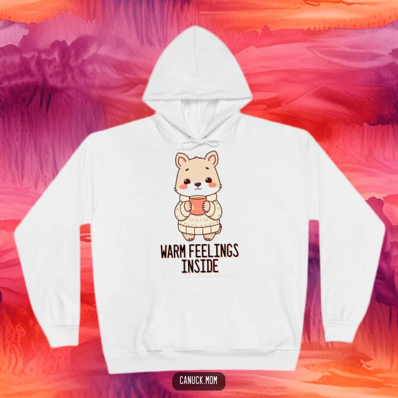 Funny animal wearing a cozy sweater shares a warm drink, an ultra-soft and humorous hoodie.