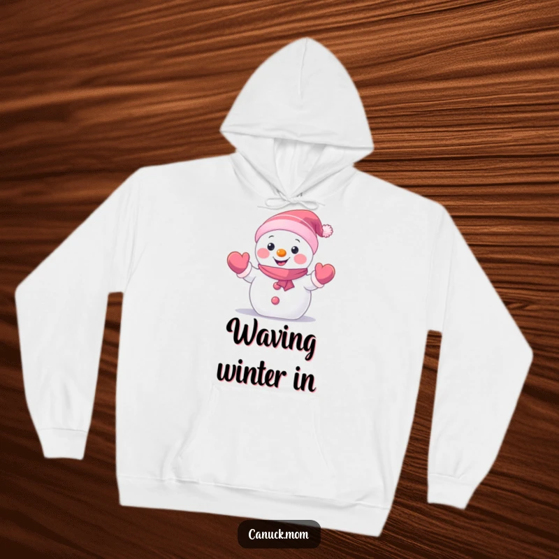 Funny Snowman Hoodie with a happy, small snowman character wearing mittens and waving hello, perfect for winter warmth and a funny gift.