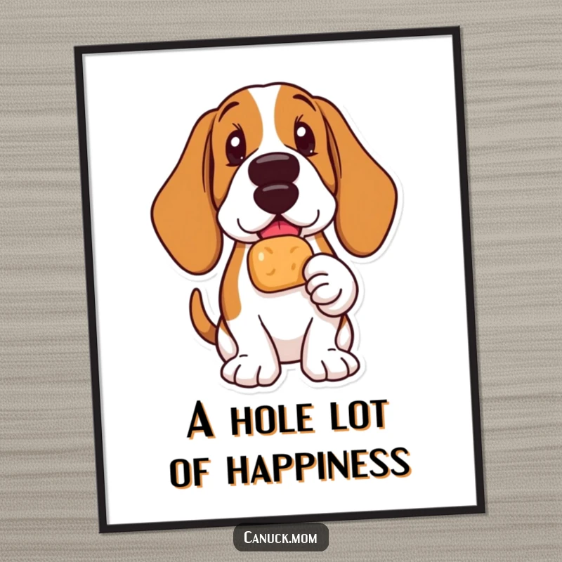 Funny Free Printable Wall Art of a Basset Hound looking completely delighted, holding a tasty Timbit carefully in its paw.