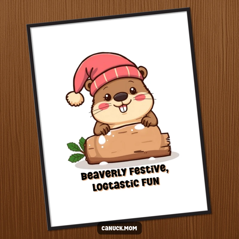 Funny free printable wall art, beaver wearing a toque hat energetically chopping a festive log, woodland creature, humorous decor.