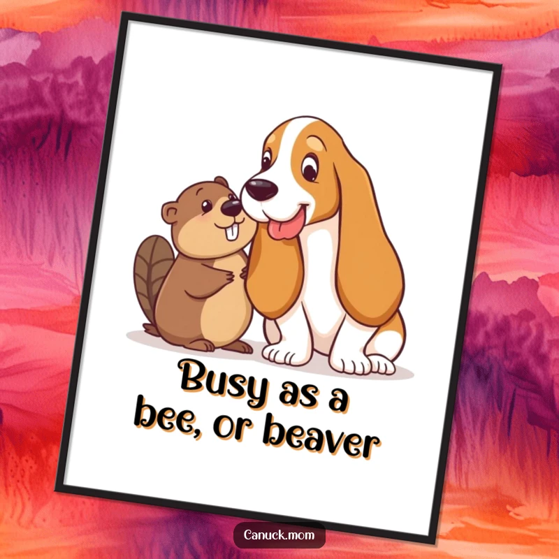 Funny Free Printable Wall Art: Basset Hound and beaver share a knowing, playful glance, hinting at fun.
