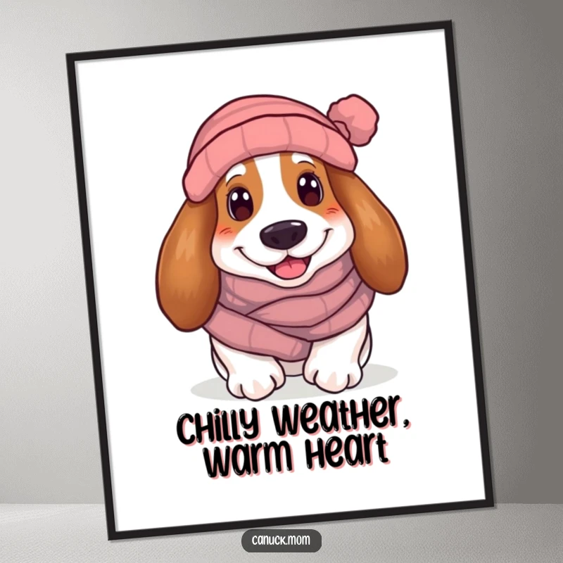 Funny Free Printable Wall Art: A Basset Hound bundled in a warm scarf and toque offers a sweet, cozy smile.