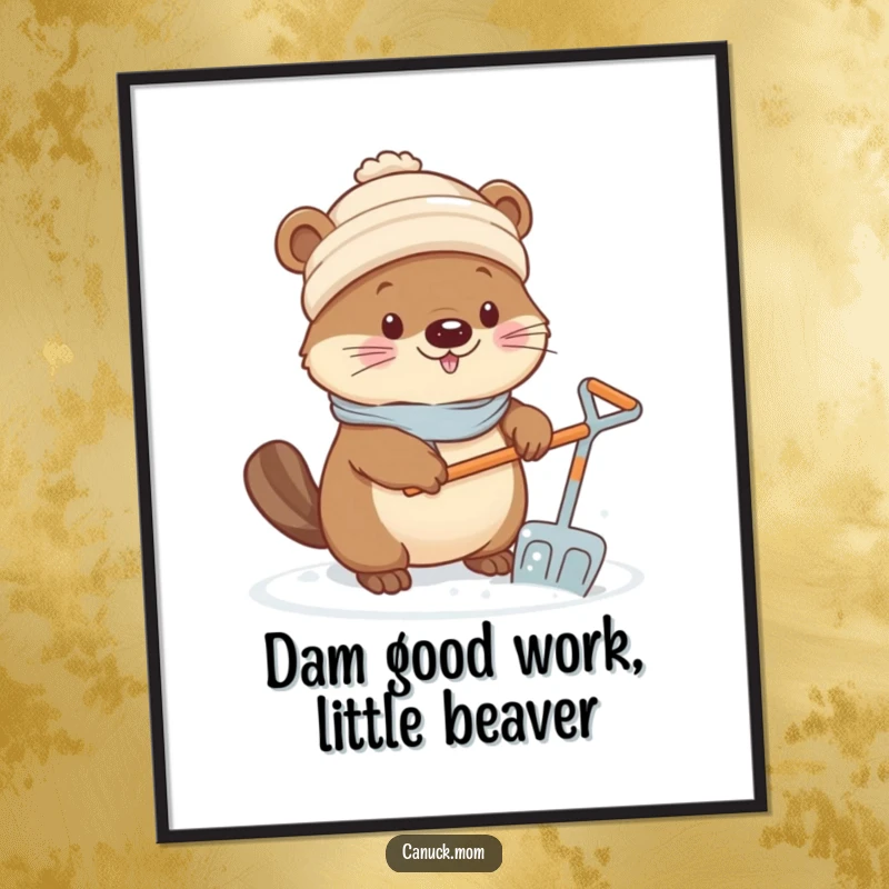 Funny Free Printable Wall Art: A cute Kawaii beaver character in a toque, diligently shoveling snow with a tiny shovel.