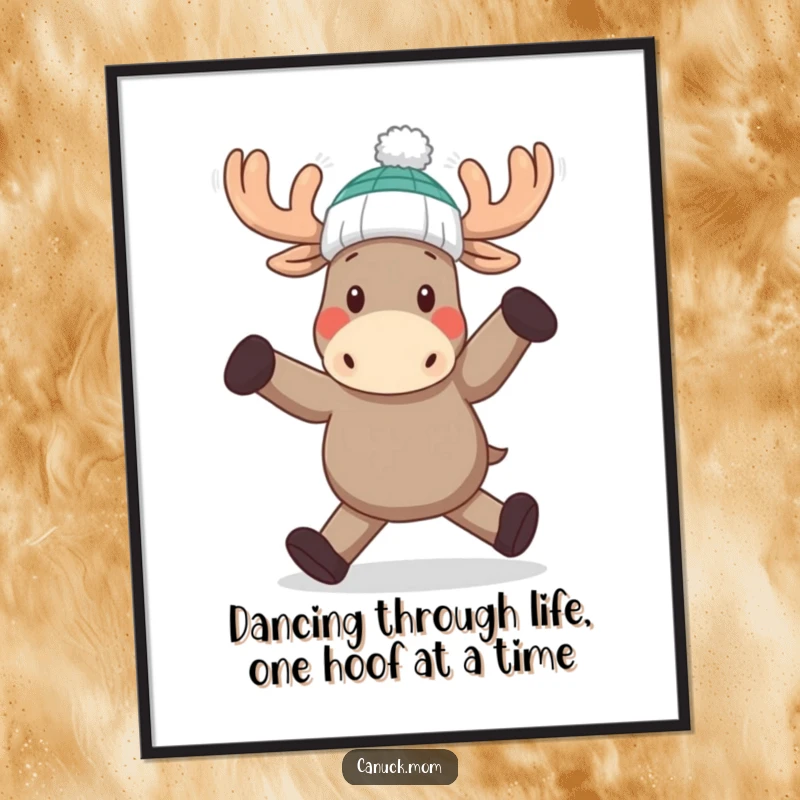 Funny Free Printable Wall Art featuring a happy moose in a toque, captured mid-dance, adding a whimsical touch to any space.