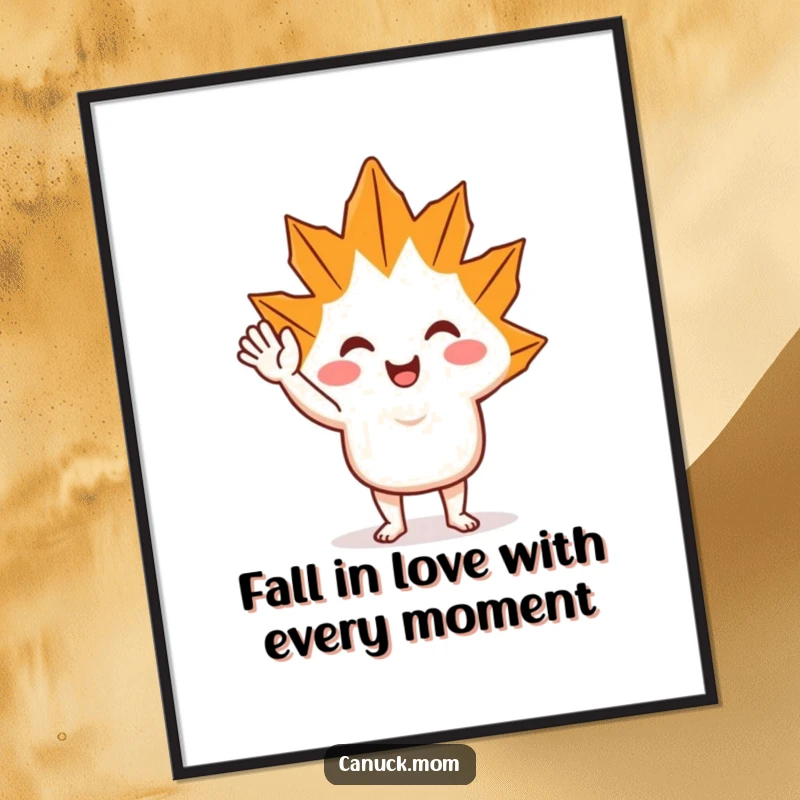 Free Printable Wall Art depicting a cheerful maple leaf character waving hello, perfect for adding a splash of color and warmth.