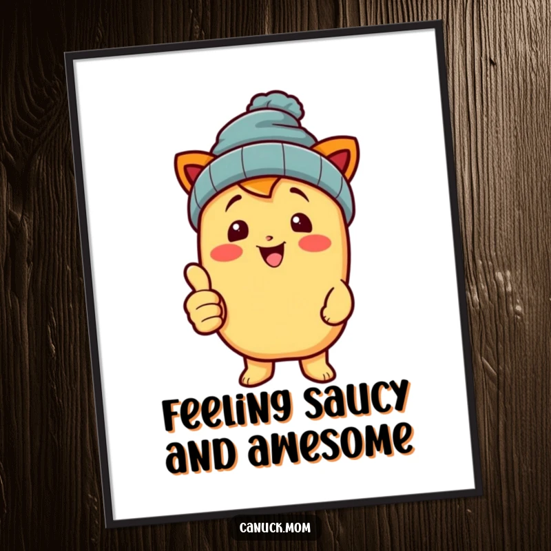 Funny Free Printable Wall Art: Happy poutine character wearing a beanie, giving a big thumbs up, looking delicious.