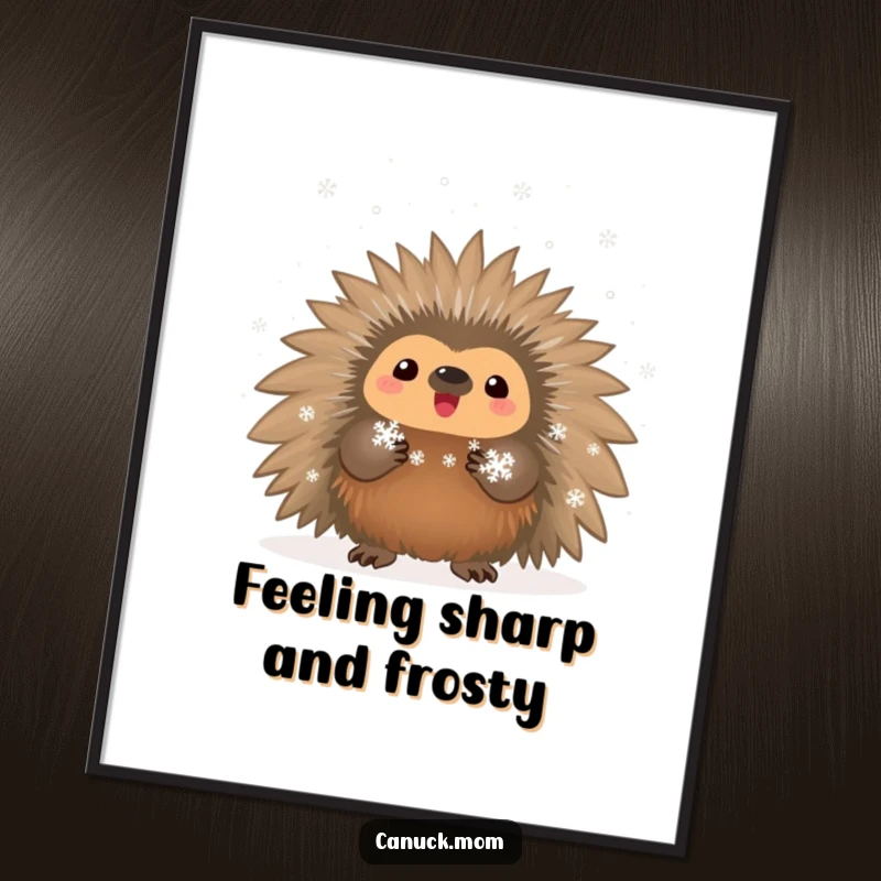 Funny Free Printable Porcupine Wall Art: A proud porcupine displays a charming collection of tiny, sparkling snowflakes.