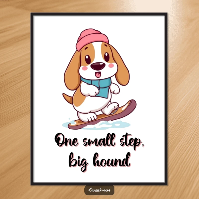 Funny Free Printable Wall Art: Basset Hound Wearing Snowshoe, Stepping Cautiously, Winter Whimsy