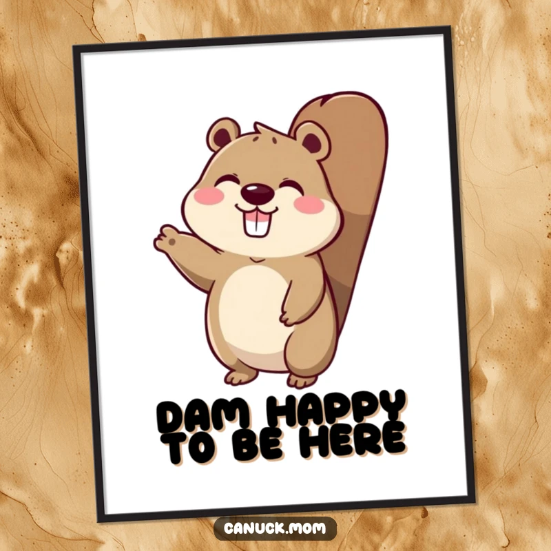Funny Free Printable Wall Art: An adorable animal character with a distinctive beaver tail, waving energetically with a bright smile.