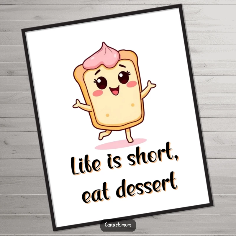 Funny Free Printable Wall Art: A cheerful butter tart character joyfully doing a jig, with sprinkles flying.