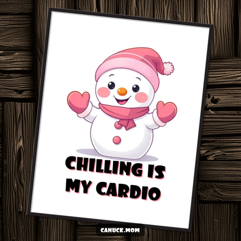 Funny Free Printable Wall Art: A happy small snowman wearing mittens, waving hello with a friendly smile.