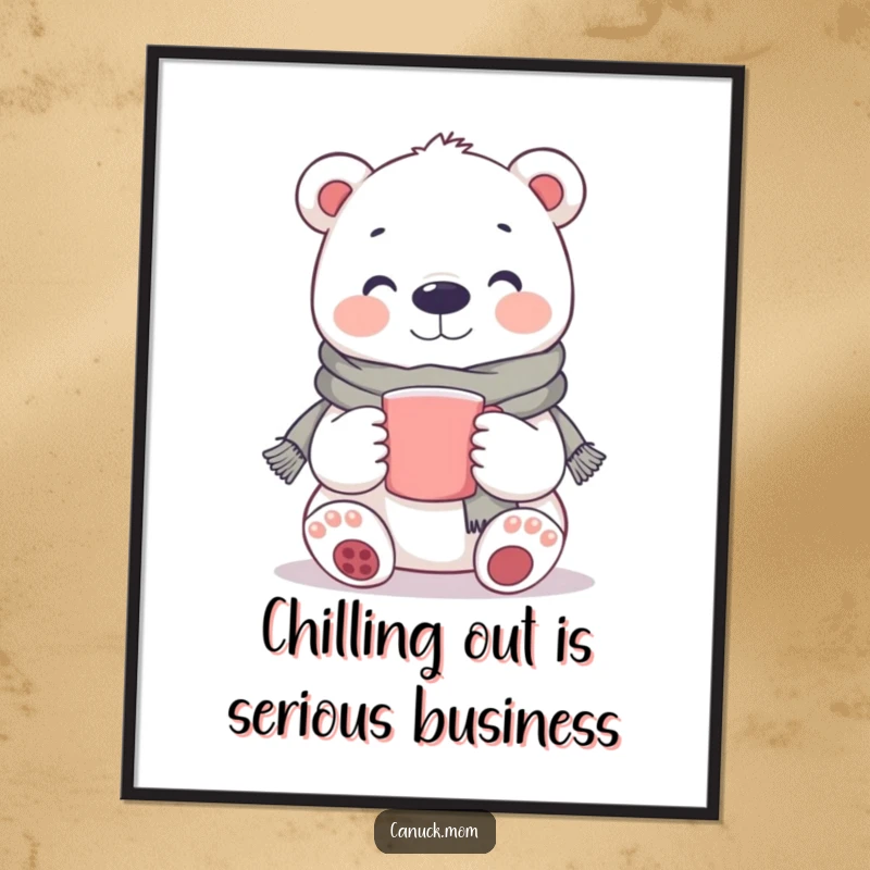 Free Printable Wall Art of a smiling polar bear in a scarf holding a mug, perfect for adding a touch of winter coziness.