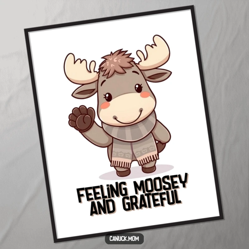 Funny Free Printable Wall Art: Cheerful moose wearing a knitted scarf, waving a paw, perfect for humorous downloadable decor.
