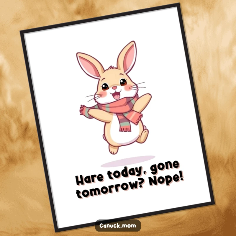 Funny Free Printable Wall Art capturing a happy snowshoe hare in a scarf, hopping excitedly, bringing playful winter charm indoors.