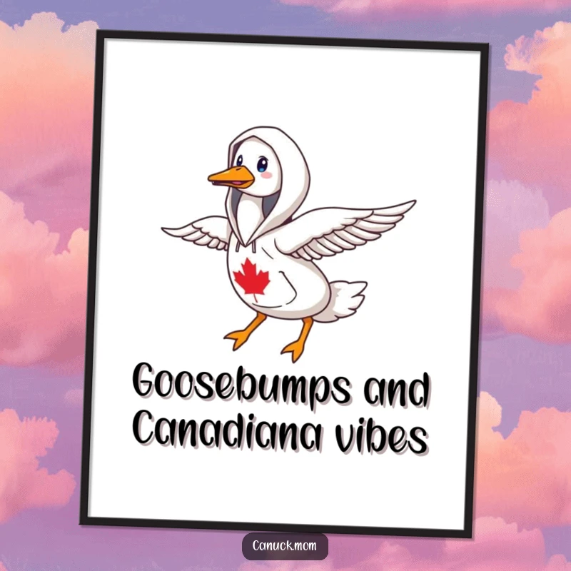 Funny Free Printable Wall Art: A goose sporting a Canadiana hoodie, seen flying purposefully north.