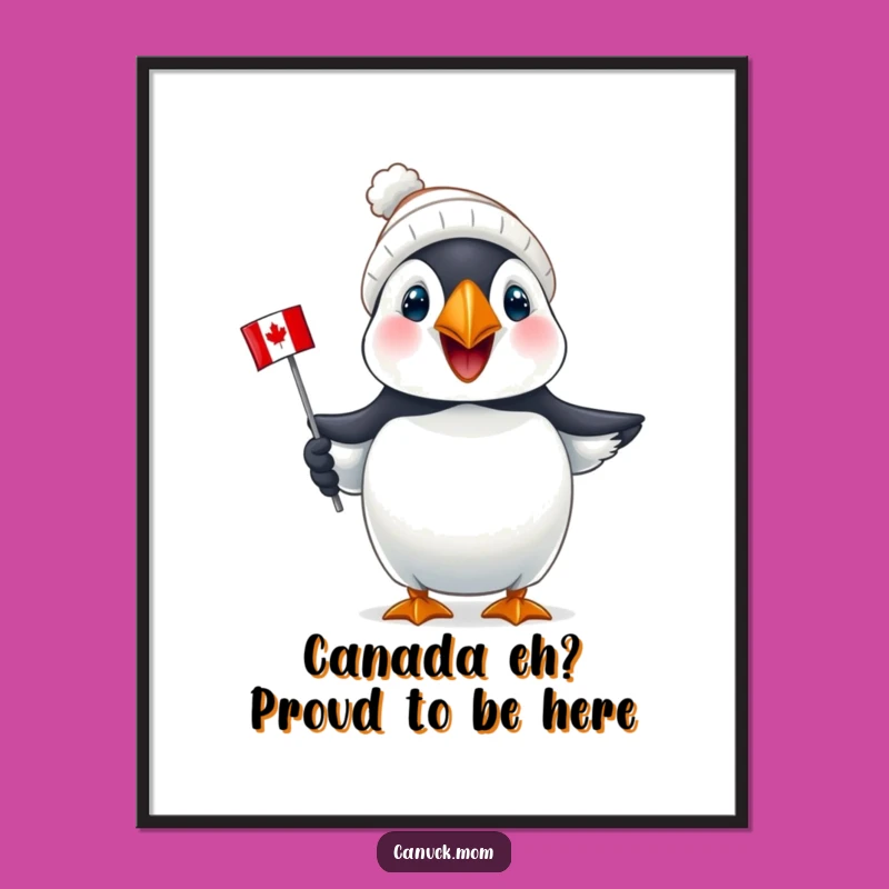 Free Printable Wall Art: Puffin with Toque & Canadian Flag, Patriotic Decor Download