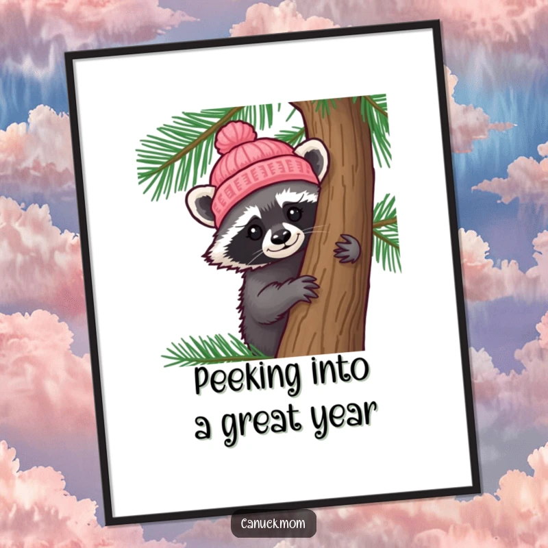 Funny Free Printable Wall Art: A curious racoon wearing a tiny knitted hat peeks from behind a pine tree, bringing woodland charm.