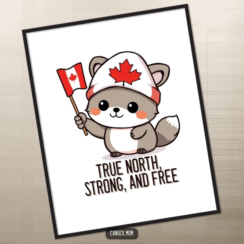 Funny Free Printable Wall Art: A Canadian animal character in a toque waves a small Canadian flag.