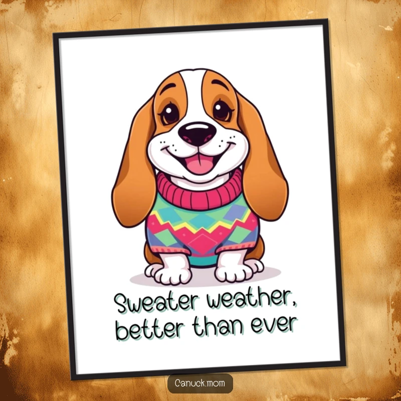 Funny Free Printable Wall Art: A Basset hound wearing a colorful knitted sweater beams with a friendly smile, bringing warmth.