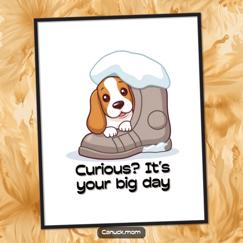 Funny Free Printable Wall Art: Curious Basset Hound peeking from behind a giant snowshoe with an inquisitive expression.
