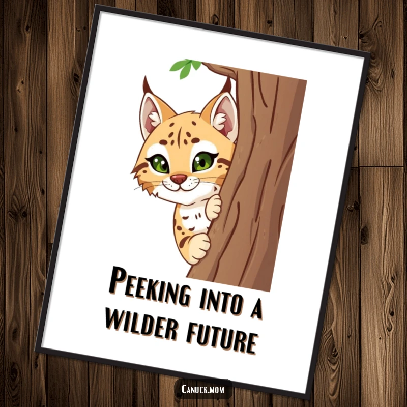 Funny Free Printable Wall Art: A smiling lynx with a curious gaze peeks mischievously from behind a tree.