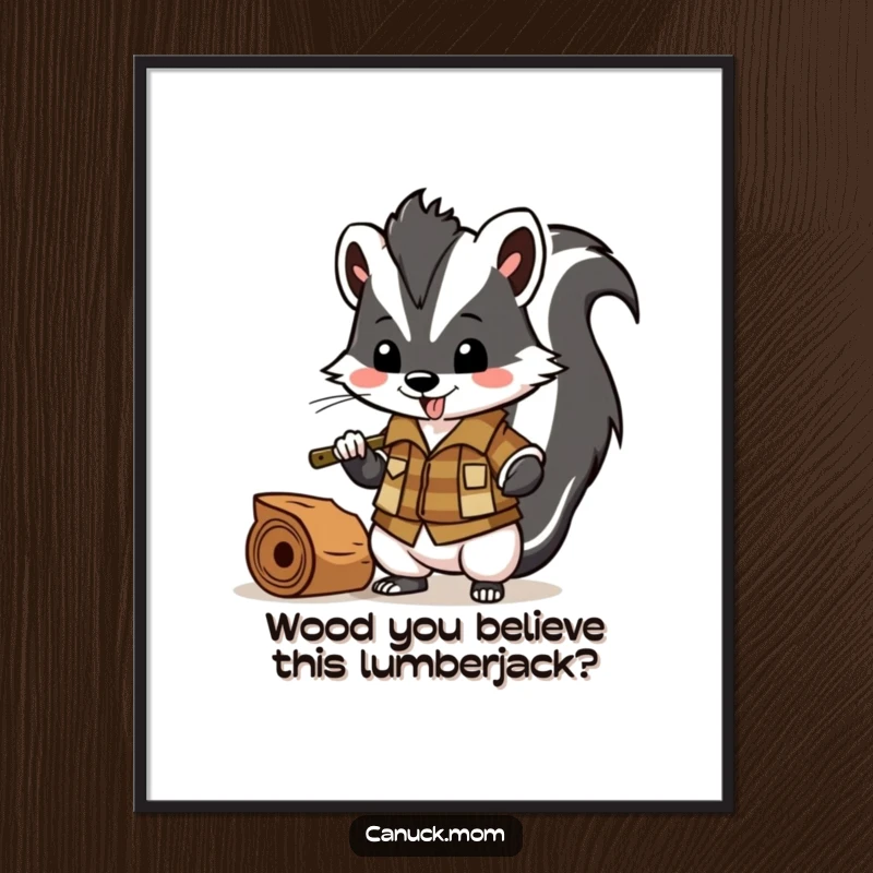 Funny Free Printable Wall Art: A skunk in a lumberjack shirt confidently chopping wood, bringing rustic humor to your decor.