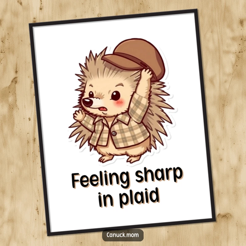 Funny Free Printable Wall Art: A porcupine in a plaid shirt playfully throwing a hat, adding a touch of whimsical fun.