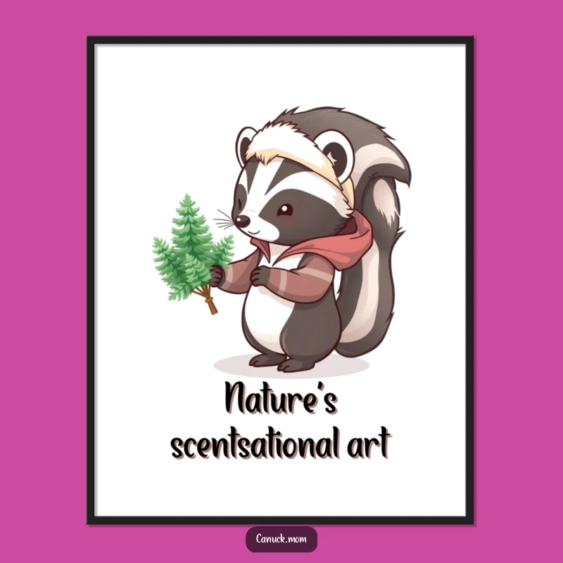 Funny Free Printable Wall Art: Skunk with Pine Trees, Downloadable Quirky Decor