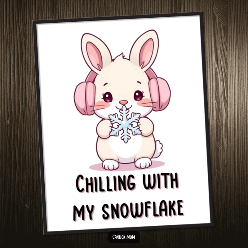 Funny Free Printable Wall Art: Whimsical rabbit wearing ear muffs, holding a snowflake, bringing winter cheer to your room.