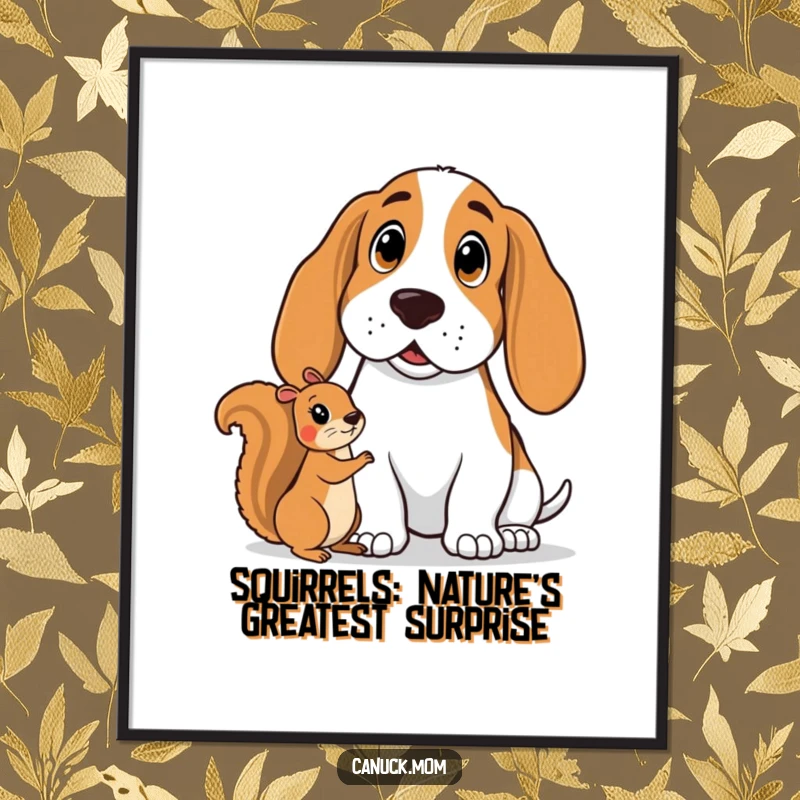 Funny Free Printable Wall Art: A Basset hound's wide-eyed surprise watching a friendly squirrel, comedic animal art.