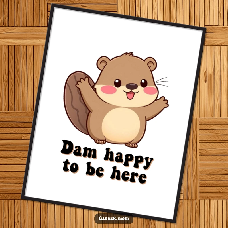 Funny free printable wall art of a happy animal with a prominent beaver tail waving enthusiastically, radiating friendliness.