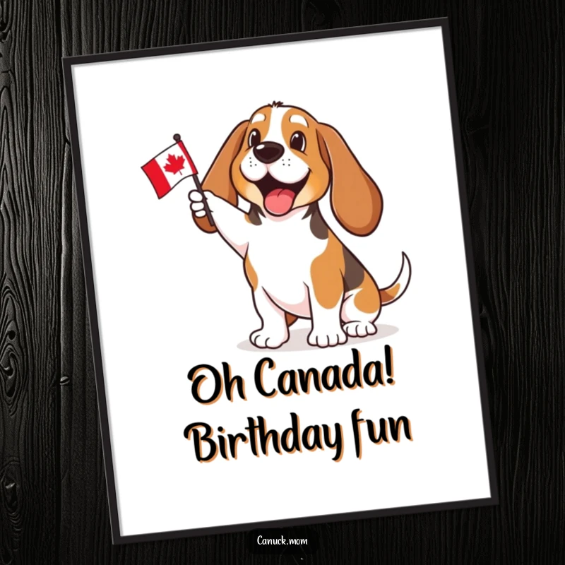 Funny Free Printable Wall Art: Enthusiastic Basset Hound proudly waving a small Canadian flag, full of national pride.