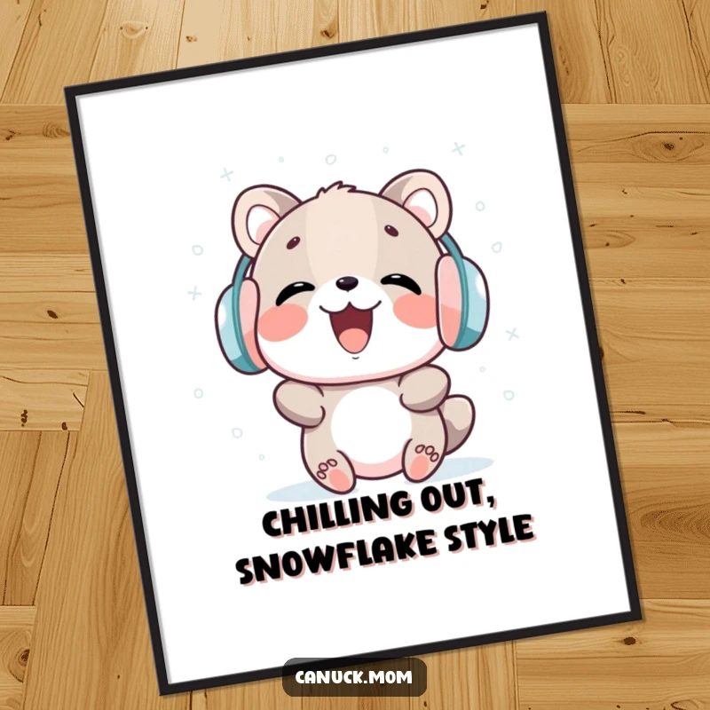 Funny Free Printable Wall Art: Amused animal in earmuffs laughing heartily while catching snowflakes, winter wonderland art.