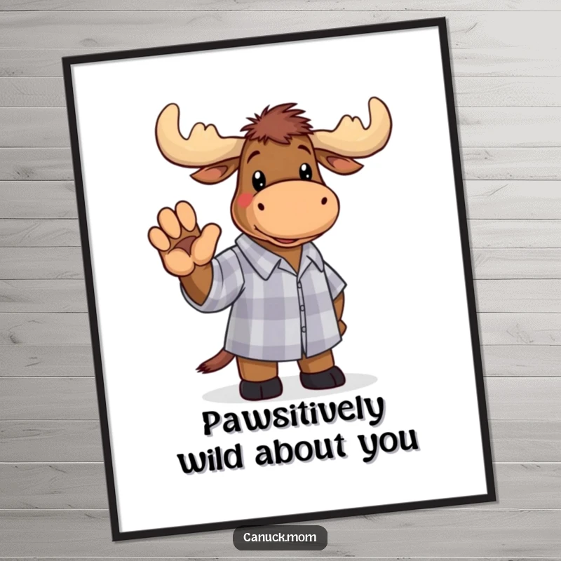 Funny Free Printable wall art of a moose in a checkered shirt waving a paw, bringing quirky charm to any room.
