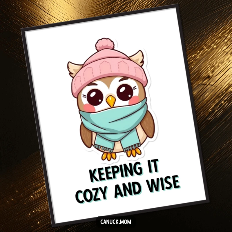 Funny Free Printable Wall Art: A sweet kawaii owl adorned in a toque and scarf, bringing cozy, charming vibes to your decor.