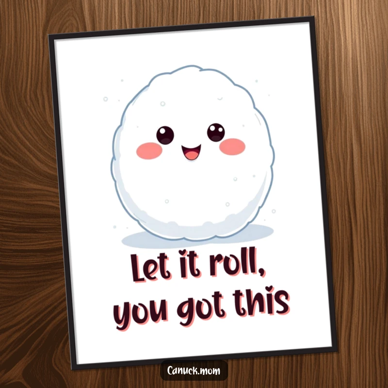 Funny Free Printable Wall Art: A Kawaii snowball character with a big smile, caught mid-throw, with joyful energy.