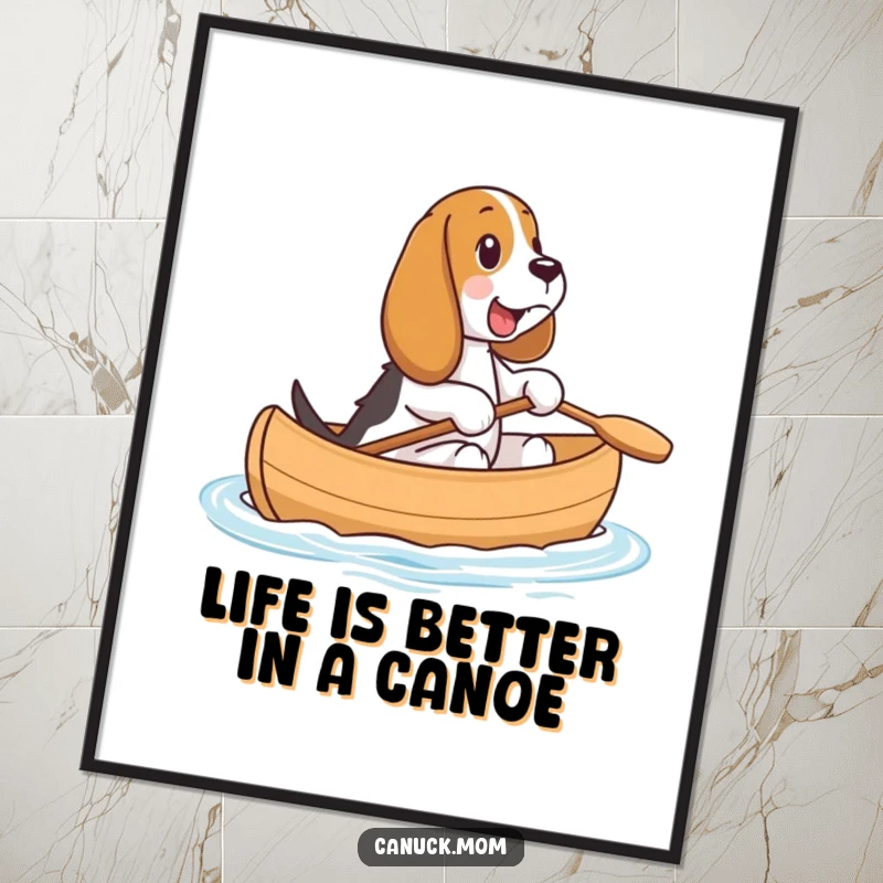Funny Free Printable Wall Art: Basset Hound happily riding in a small canoe, enjoying the water.