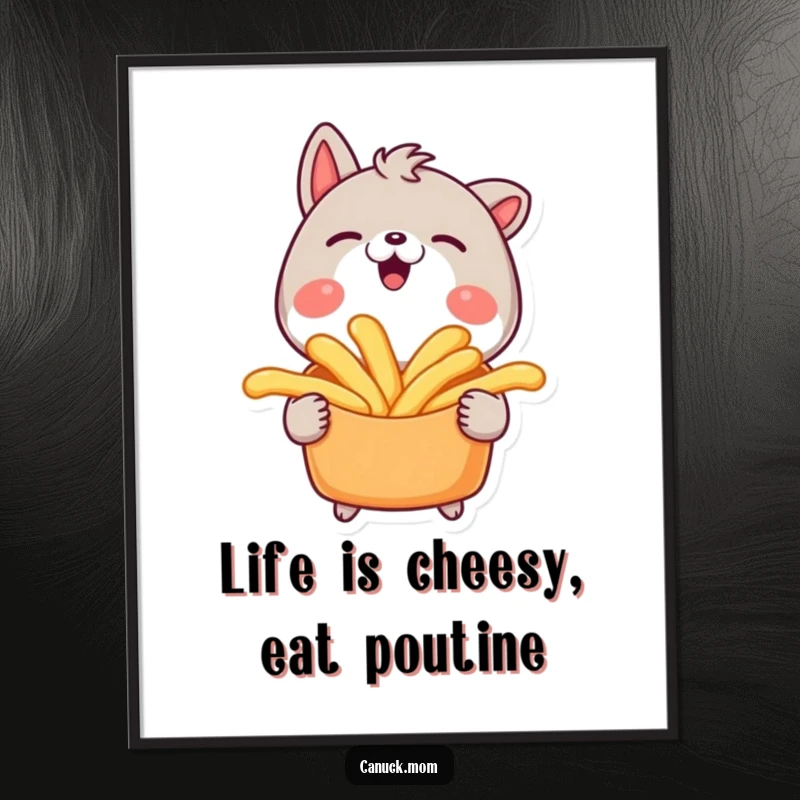 Funny Free Printable Wall Art: An animal character joyfully holding a plate of poutine, mouth watering with a wide, happy smile.