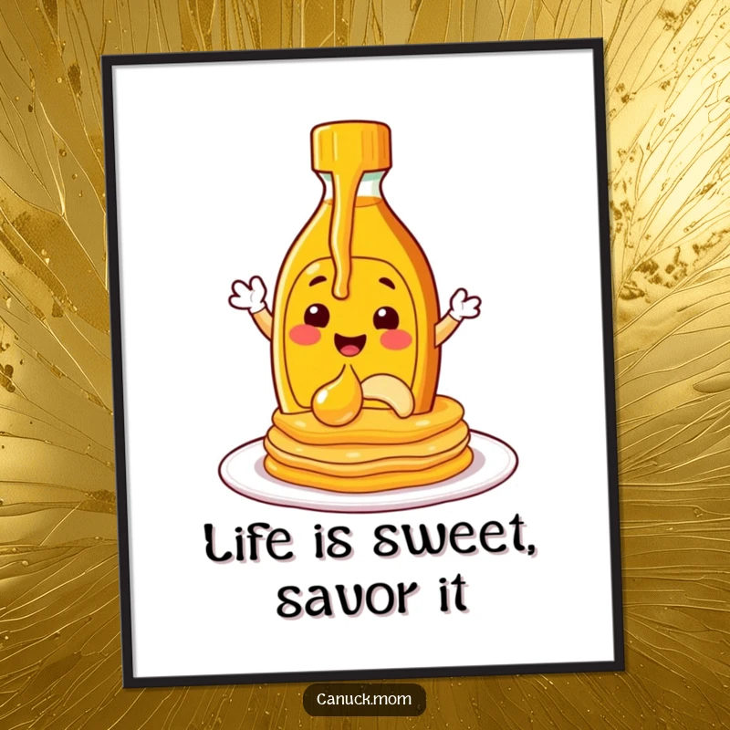 Funny Free Printable Wall Art: Cheerful maple syrup bottle character happily pouring syrup onto a stack of pancakes.