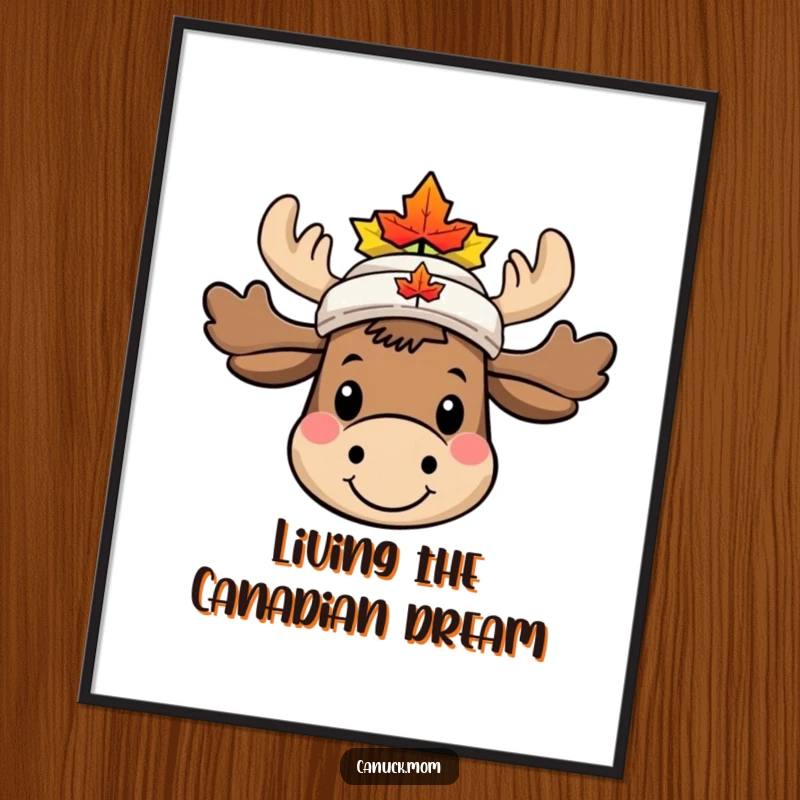 Funny Free Printable Wall Art: A smiling moose sporting a small maple leaf hat, adding a touch of quirky woodland humor to your decor.