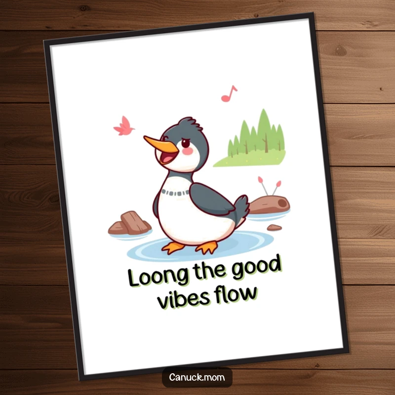 Funny Free Printable Wall Art: A cheerful Kawaii loon character sings a delightful tune beside a peaceful lake.