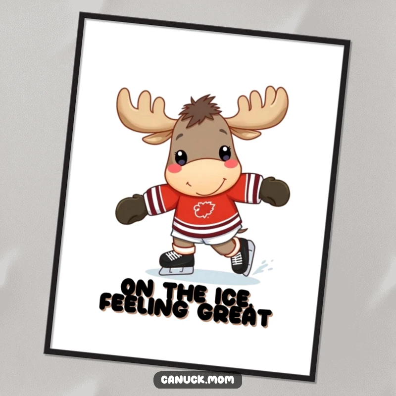 Funny Free Printable Wall Art: A cheerful moose wearing a hockey jersey glides happily across the ice, ready for the game.