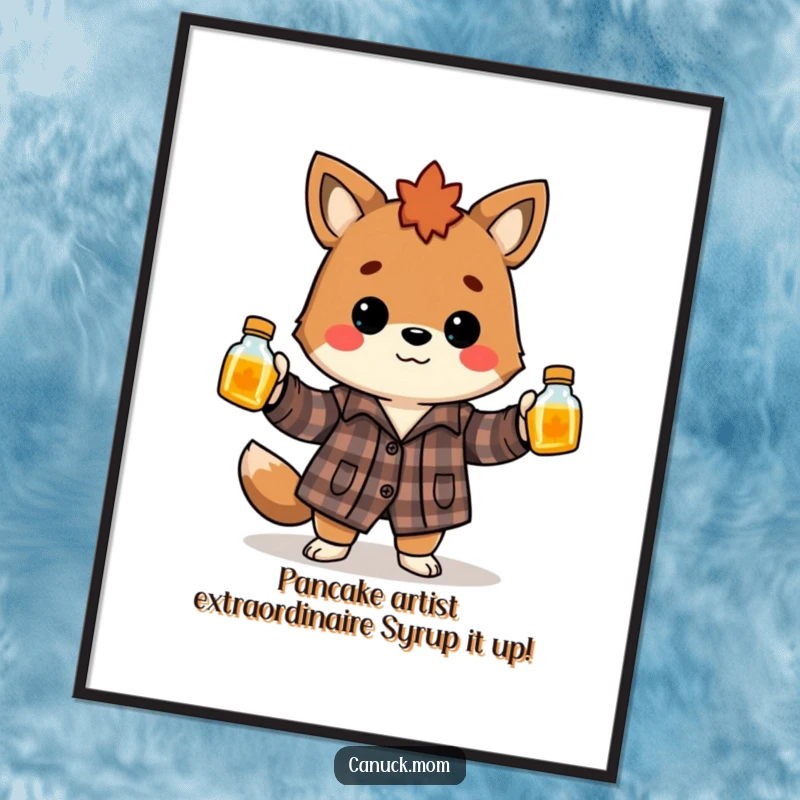 Funny Free Printable Wall Art: Canadian animal in flannel juggles maple syrup bottles, creating a whimsical and humorous decoration.