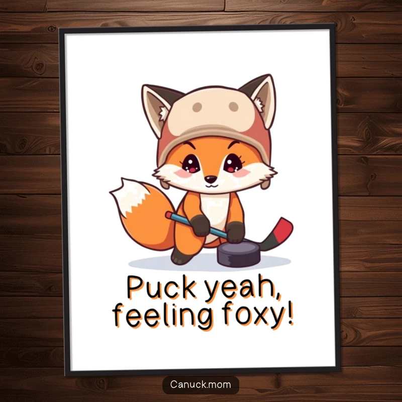 Funny Free Printable wall art of a fox in a trapper hat skillfully playing with a hockey puck, adding sporty fun.