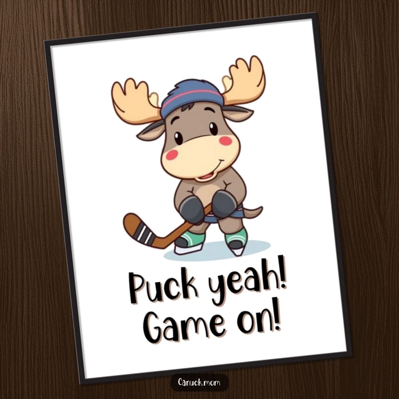 Funny Free Printable Wall Art: Energetic moose character holding a hockey stick, ready for a game, cool and playful.
