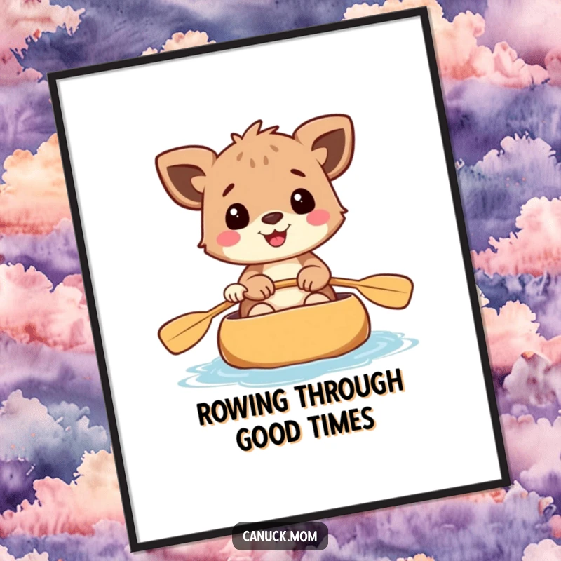 Funny Free Printable Wall Art: Happy animal joyfully paddling a canoe down a river, serene adventure art.